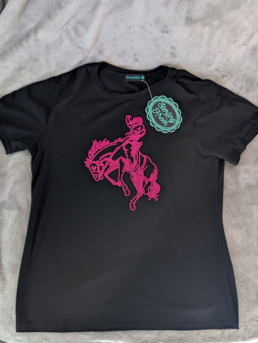 Sterling Kreek Women's Medium Black Tee - Pink Rodeo Cowgirl Sequined GraphicNWT